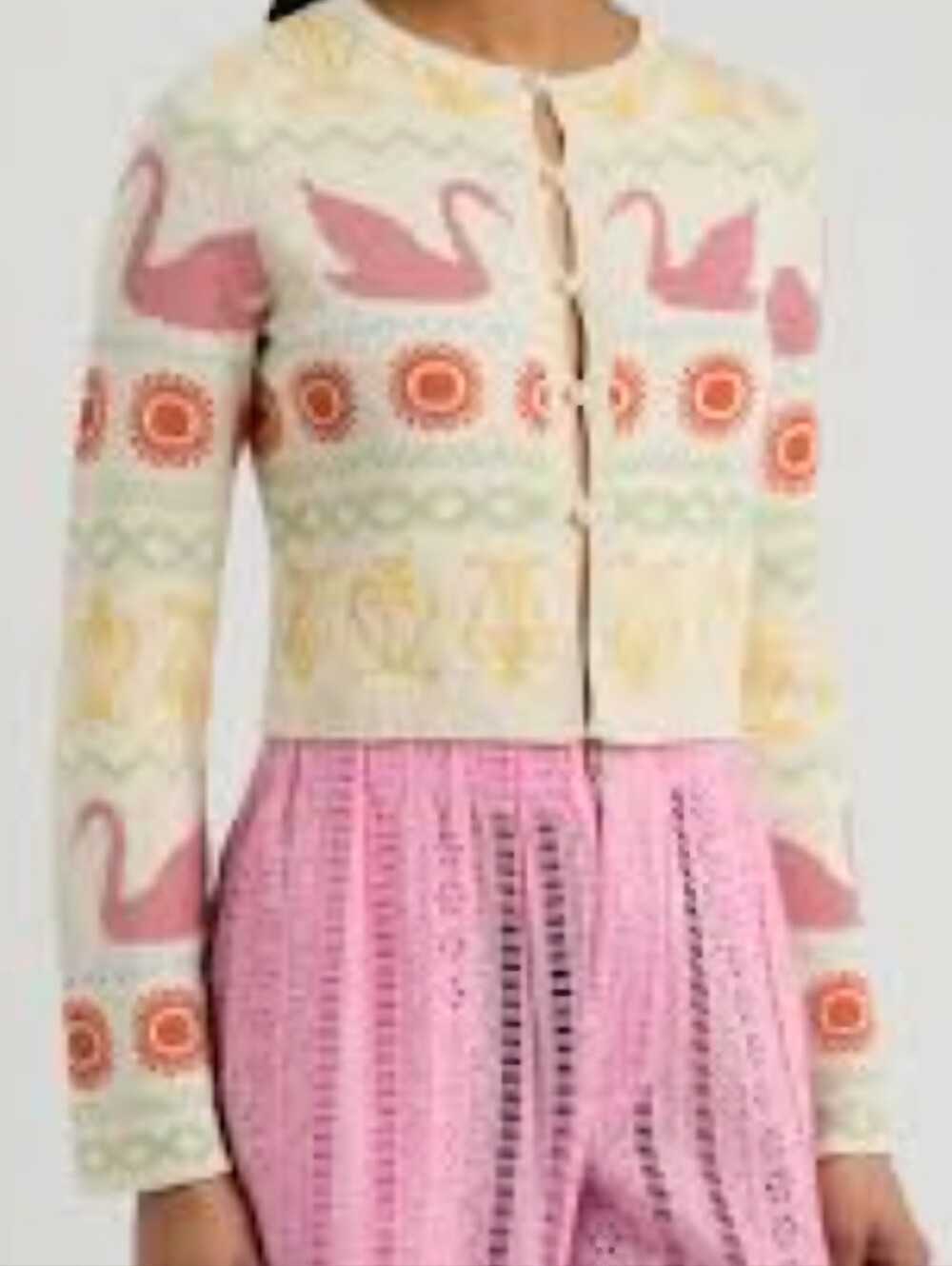 Willow & Wind Swan-Print Cropped Cardigan Sweater Size M